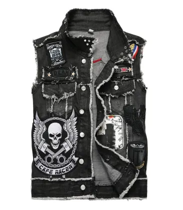 New men's denim vest trendy men wash Black Embroidered Skull #999923258